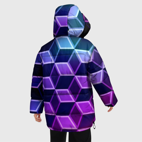 Женская зимняя куртка 3D с принтом Неоновые кубы иллюзия, вид сзади #2