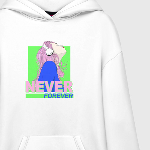 Худи SuperOversize хлопок Девушка в наушниках never forever, цвет белый - фото 3