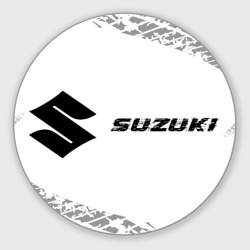 Круглый коврик для мышки Suzuki Speed на светлом фоне со следами шин: надпись и символ