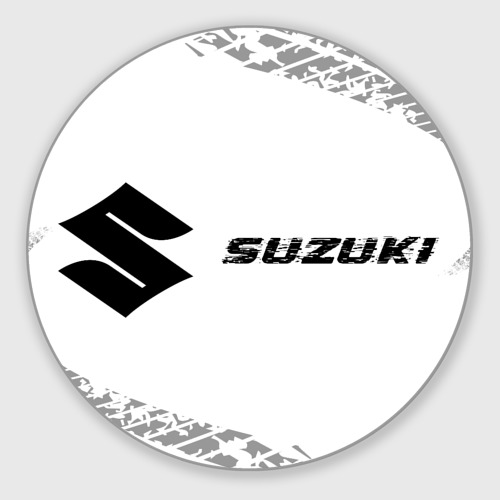 Круглый коврик для мышки Suzuki Speed на светлом фоне со следами шин: надпись и символ