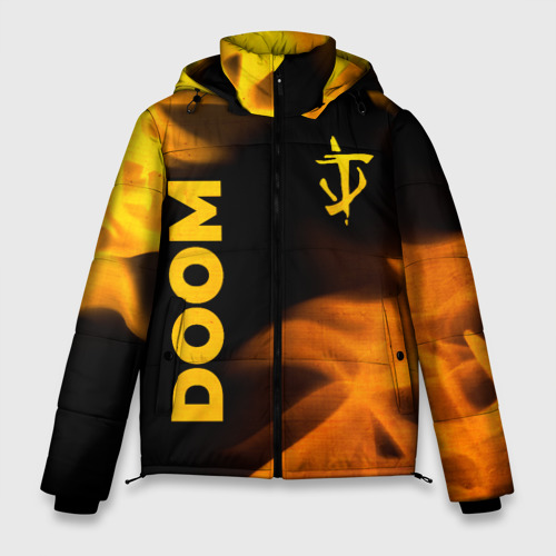 Мужская зимняя куртка 3D с принтом Doom - gold gradient: надпись, символ, вид спереди #2