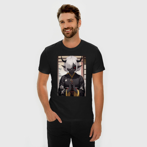 Мужская футболка хлопок Slim с принтом Аниме демон, фото на моделе #1