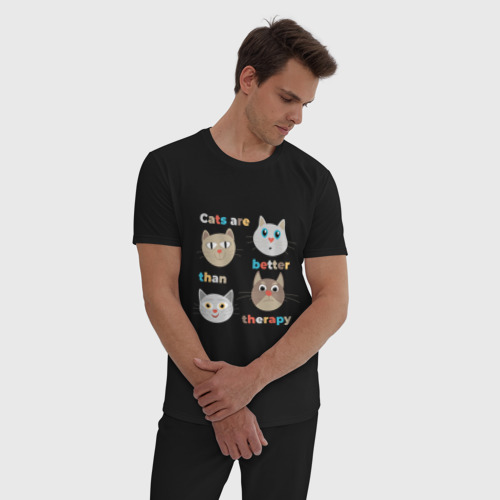 Мужская пижама хлопок Котики лучше терапии, цвет черный - фото 3