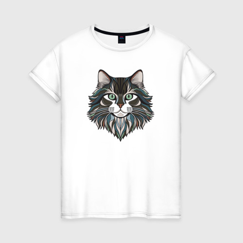 Женская футболка из хлопка с принтом Сибирская кошка в абстрактном стиле, вид спереди №1