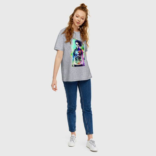 Женская футболка хлопок Oversize с принтом Крутая чувиха - скелет - акварель, вид сбоку #3