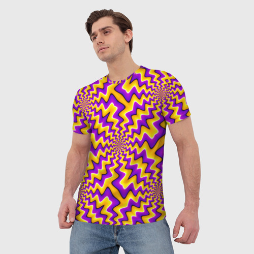 Мужская футболка 3D с принтом Желто-фиолетовая иллюзия вращения, фото на моделе #1