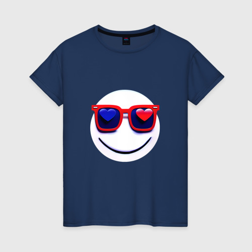 Женская футболка из хлопка с принтом Смайлик в очках с сердечками, вид спереди №1