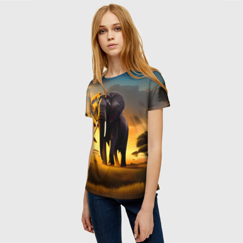 Женская футболка 3D Слон и рассвет в саванне, цвет 3D печать - фото 3