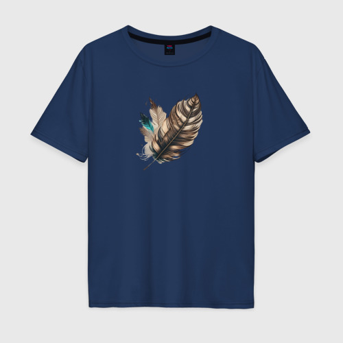 Мужская футболка хлопок Oversize Красивые перья - нейросеть, цвет темно-синий