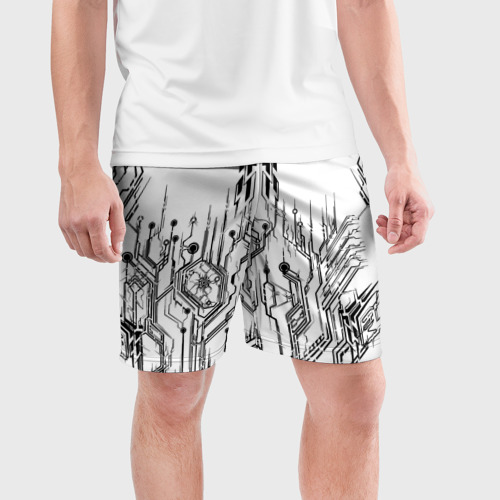 Мужские шорты спортивные с принтом ЧБ Киберпанк-Модерн, фото на моделе #1