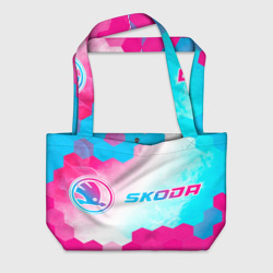 Пляжная сумка 3D Skoda neon gradient style: надпись и символ