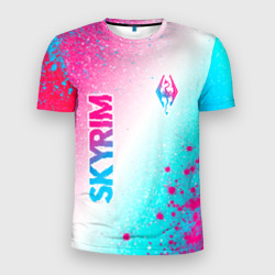 Мужская футболка 3D Slim Skyrim neon gradient style: надпись, символ