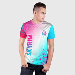 Мужская футболка 3D Slim Skyrim neon gradient style: надпись, символ - фото 2
