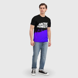 Футболка с принтом Arctic Monkeys purple grunge для мужчины, вид на модели спереди №3. Цвет основы: белый