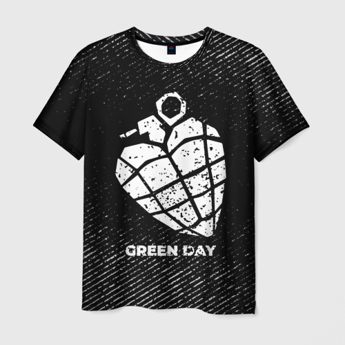Мужская футболка с принтом Green Day с потертостями на темном фоне, вид спереди №1