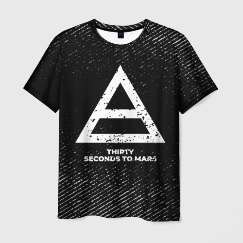 Мужская футболка с принтом Thirty Seconds to Mars с потертостями на темном фоне, вид спереди №1
