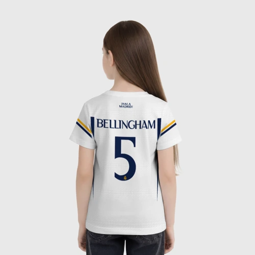 Детская футболка 3D с принтом Беллингем Реал Мадрид форма 23-24 домашняя, вид сзади #2