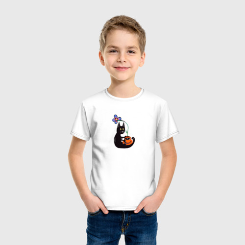Детская футболка хлопок Кот с цветком и кофе, цвет белый - фото 3