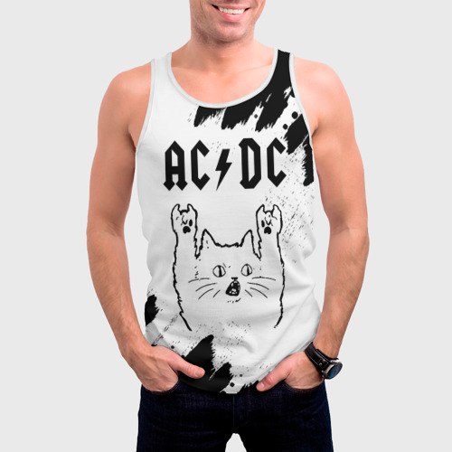 Мужская майка 3D AC DC рок кот на светлом фоне, цвет 3D печать - фото 3