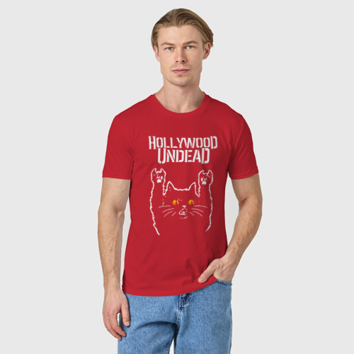 Мужская футболка хлопок с принтом Hollywood Undead rock cat, фото на моделе #1