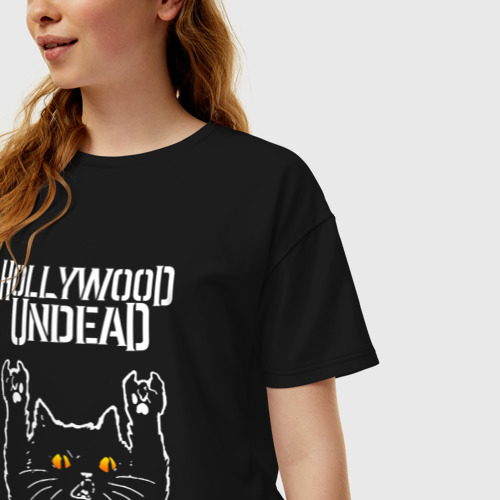 Женская футболка хлопок Oversize Hollywood Undead rock cat, цвет черный - фото 3