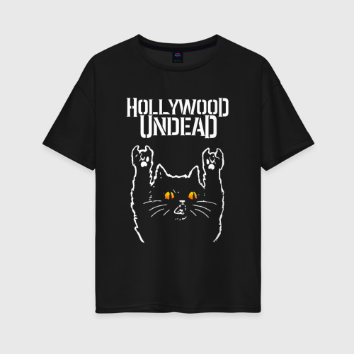 Женская футболка хлопок Oversize Hollywood Undead rock cat, цвет черный