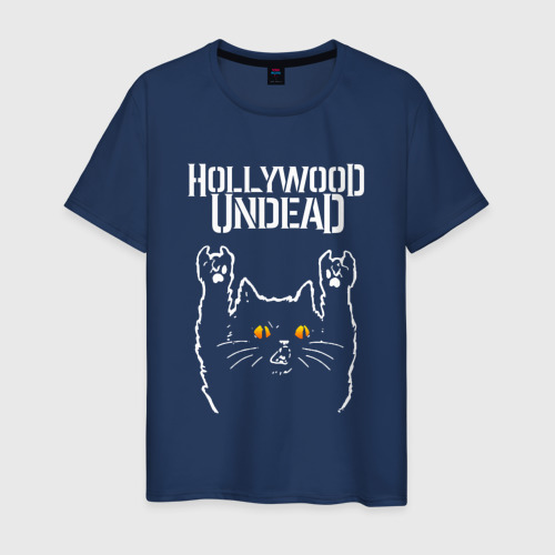 Мужская футболка из хлопка с принтом Hollywood Undead rock cat, вид спереди №1