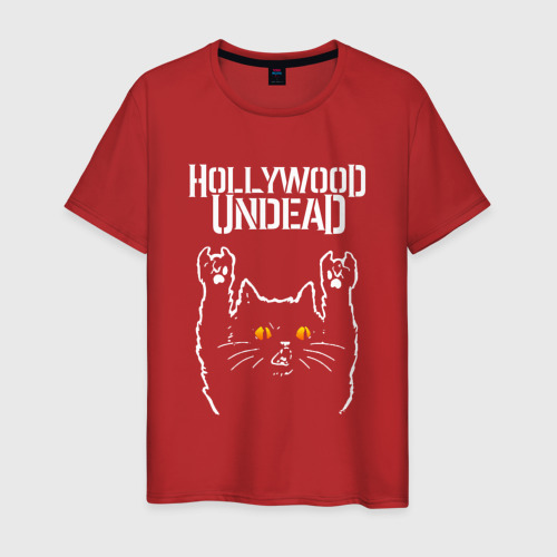 Мужская футболка хлопок с принтом Hollywood Undead rock cat, вид спереди #2