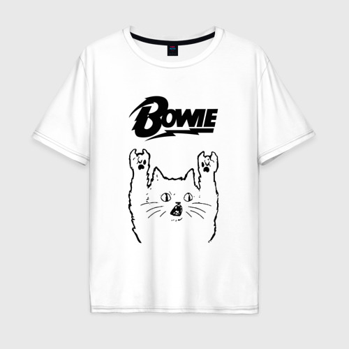 Мужская футболка из хлопка оверсайз с принтом David Bowie - rock cat, вид спереди №1