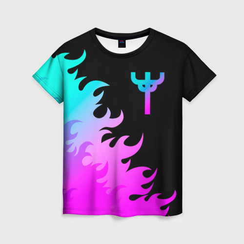 Женская футболка 3D с принтом Judas Priest неоновый огонь, вид спереди #2
