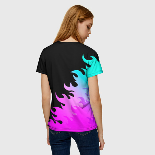 Женская футболка 3D с принтом Judas Priest неоновый огонь, вид сзади #2