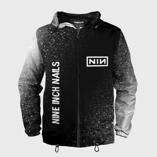 Мужская ветровка 3D с принтом Nine Inch Nails glitch на темном фоне: надпись, символ, вид спереди #2