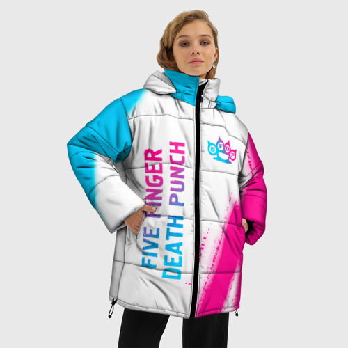 Женская зимняя куртка 3D с принтом Five Finger Death Punch neon gradient style: надпись, символ, фото на моделе #1