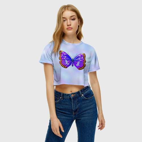 Женская футболка Crop-top 3D Сине-сиреневая бабочка, цвет 3D печать - фото 3