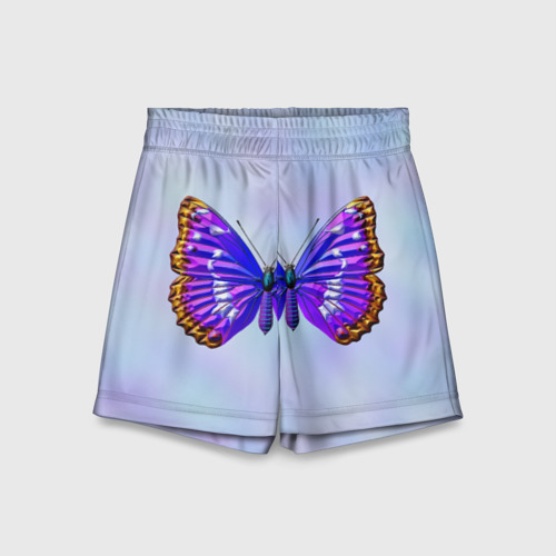 Детские спортивные шорты 3D с принтом Сине-сиреневая бабочка, вид спереди #2