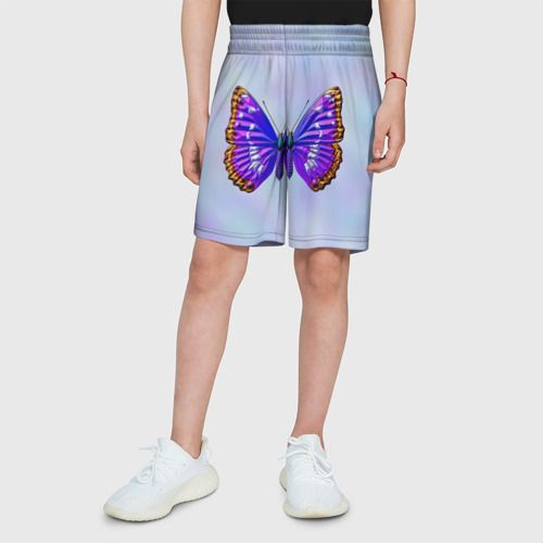 Детские спортивные шорты 3D с принтом Сине-сиреневая бабочка, вид сбоку #3