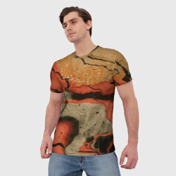 Мужская футболка 3D Оранжевые и бежевые потоки красок - фото 2
