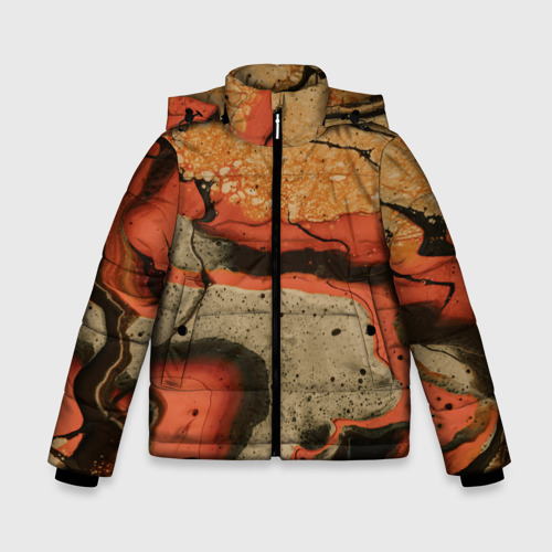 Зимняя куртка для мальчиков 3D с принтом Оранжевые и бежевые потоки красок, вид спереди #2
