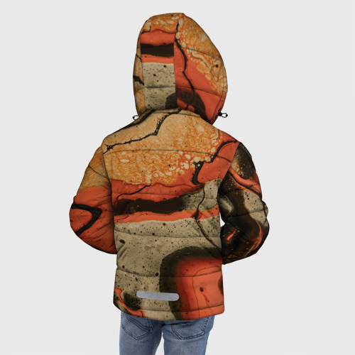 Зимняя куртка для мальчиков 3D с принтом Оранжевые и бежевые потоки красок, вид сзади #2