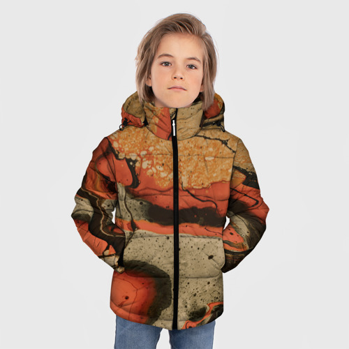Зимняя куртка для мальчиков 3D с принтом Оранжевые и бежевые потоки красок, фото на моделе #1