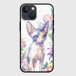Чехол для iPhone 13 mini Акварельный портрет сфинкса с цветами
