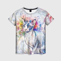 Женская футболка 3D Сфинкс кот и цветы акварель