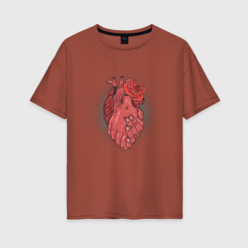 Женская футболка хлопок Oversize Сердце и руки, цвет кирпичный