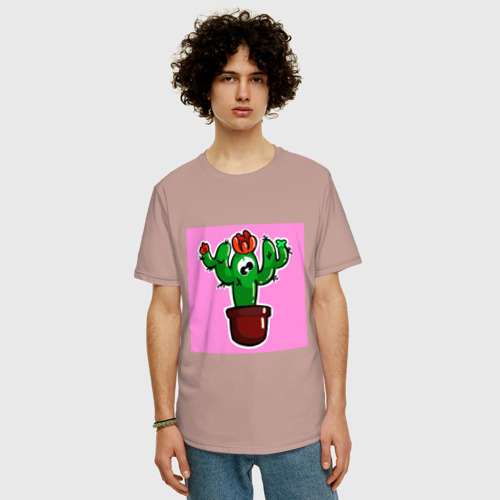 Мужская футболка хлопок Oversize с принтом Кактус в горшке, фото на моделе #1