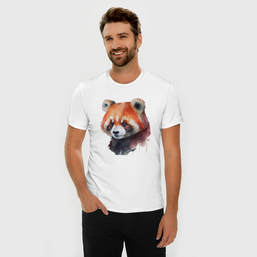 Мужская футболка хлопок Slim с принтом Красная панда акварель, фото на моделе #1