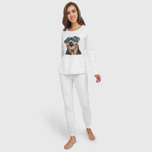 Женская пижама с лонгсливом хлопок Ротвейлер собака улыбака акварель, цвет белый - фото 3