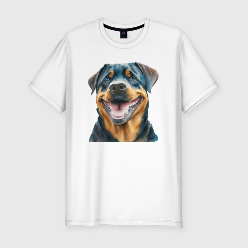 Мужская приталенная футболка из хлопка с принтом Ротвейлер собака улыбака акварель, вид спереди №1