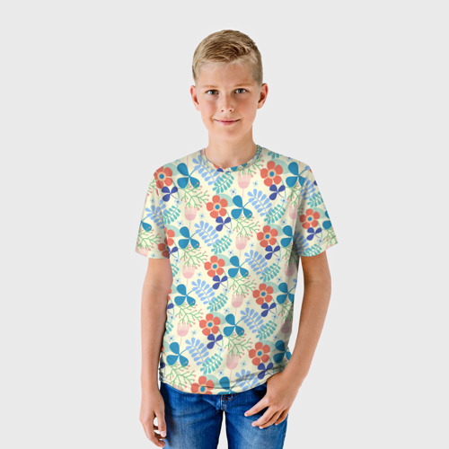 Детская футболка 3D с принтом Цветочки листочки, фото на моделе #1