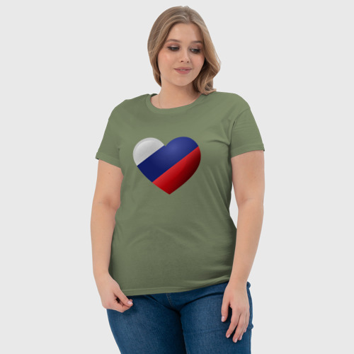 Женская футболка хлопок Флаг России в сердце, цвет авокадо - фото 6