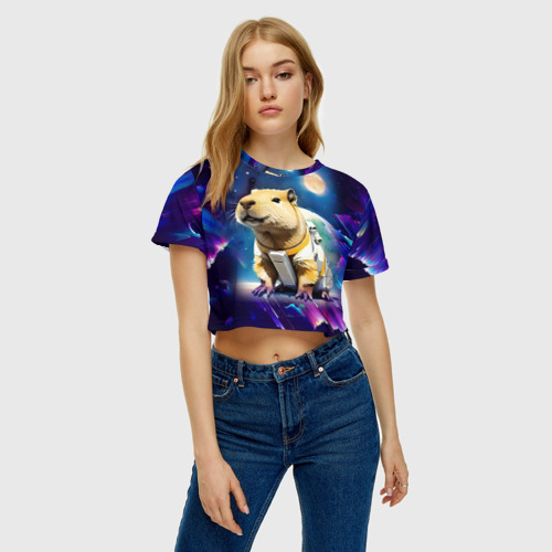 Женская футболка Crop-top 3D Капибара-космонавт - нейросеть, цвет 3D печать - фото 3